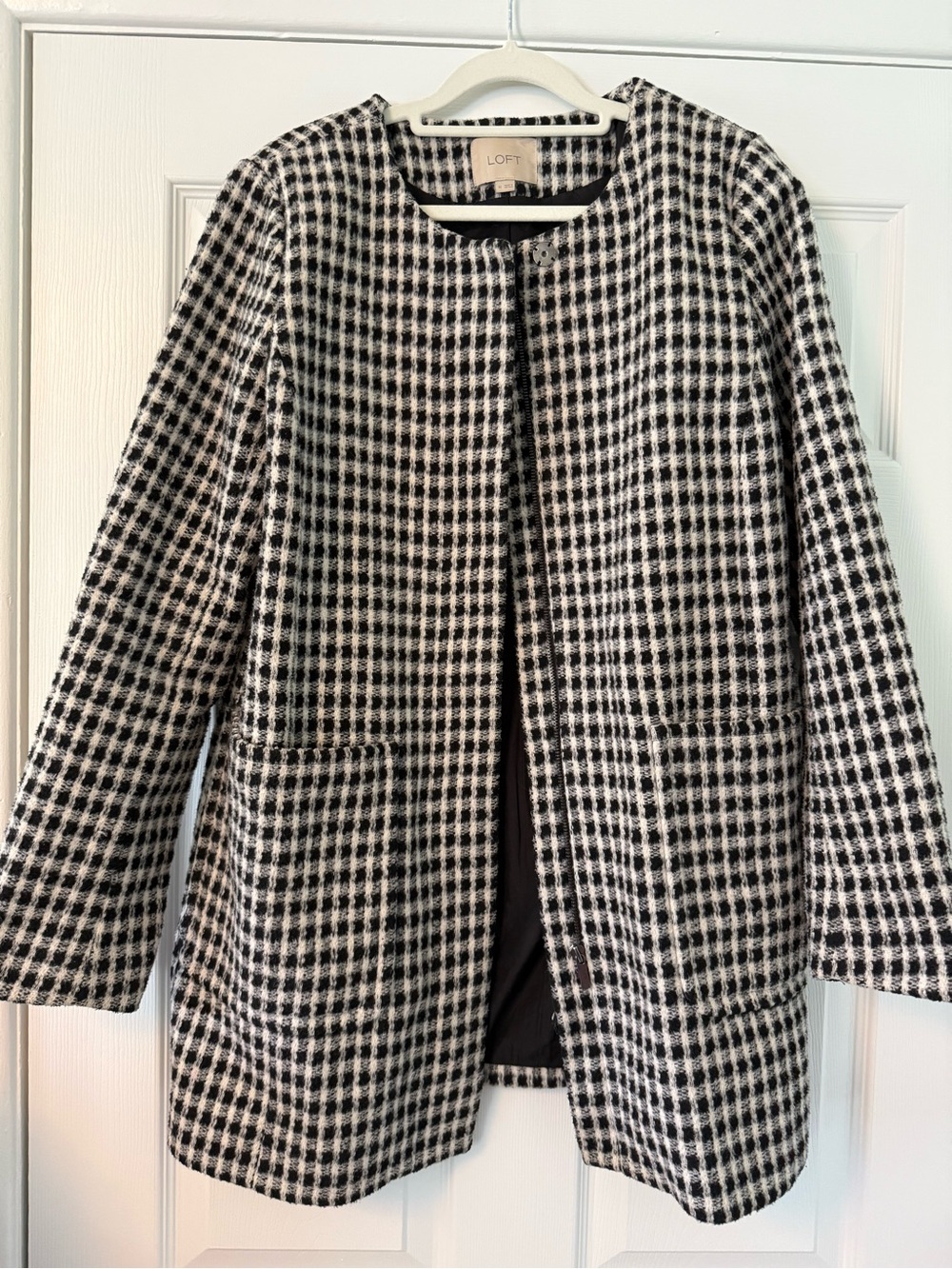 LOFT Black & White Checked Collarless Pea Coat